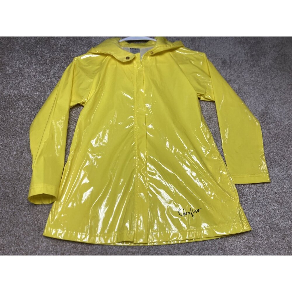 Coraline Yellow Glossy Raincoat With Hood - Medium Size Polyurethane Material